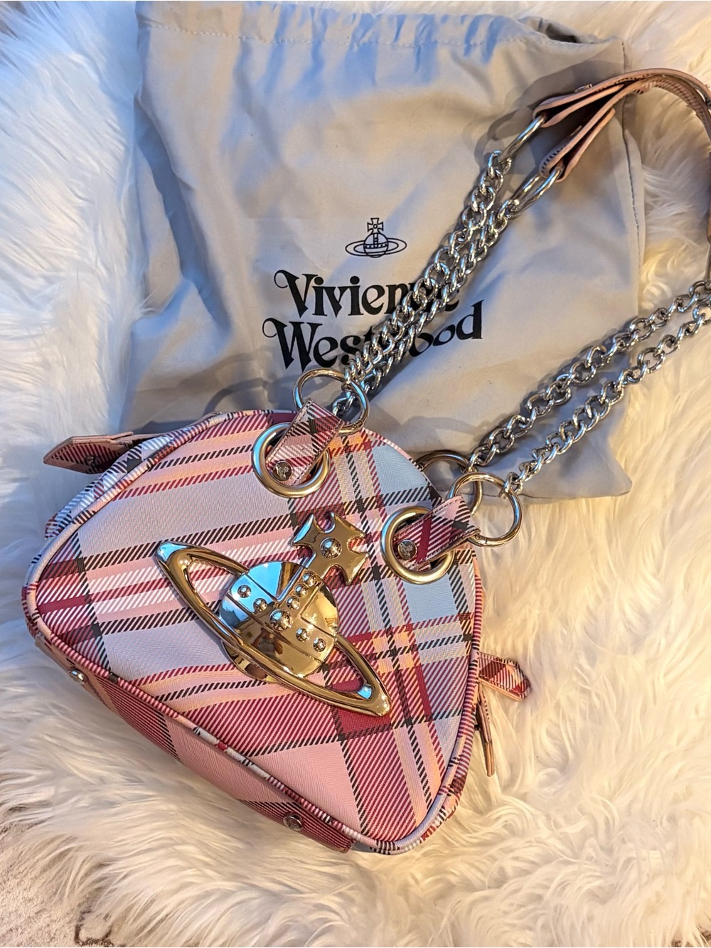 Vivienne Westwood Pink Plaid Crossbody with Silver Orb